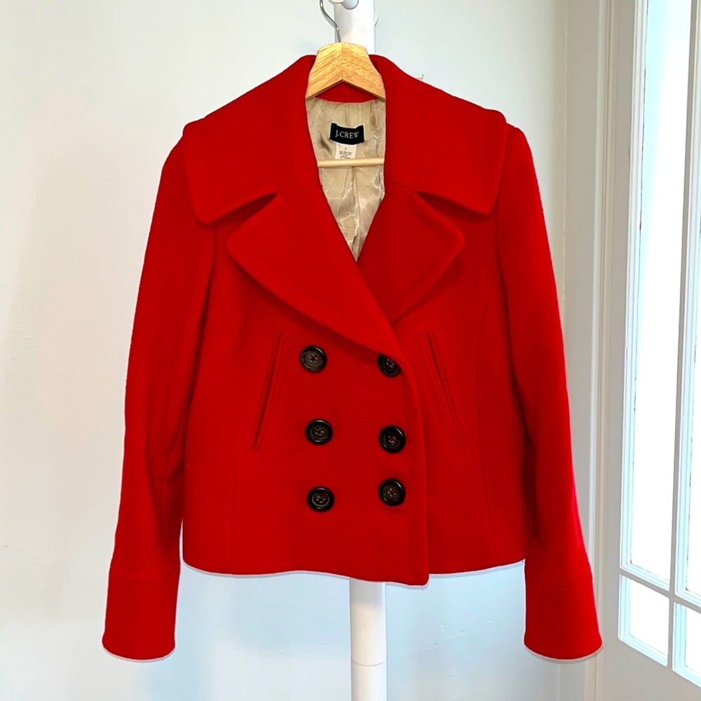 J Crew Wool Red Peacoat Double Breasted Cropped